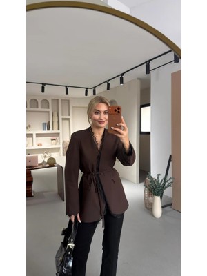 Qimya Butik 4s Women Kadın Yaka Içi ve Manşeti Dantel Detaylı Ip Kuşaklı Poliviskon Basic Ceket