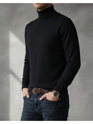 Sdnyazo Premium Erkek Siyah Pamuklu Tam Balıkçı Yaka Slim Fit Triko Kazak