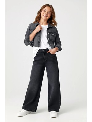 Dmb Boys & Girls Kız Çocuk Pamuklu Rahat Kesim Geniş Paça Kot Pantolon Füme