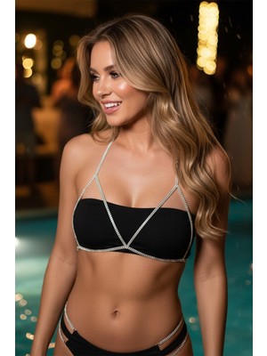Özbience Gümüş Renk Taşlı Şık Bikini Üstü ve Vücut Aksesuarı