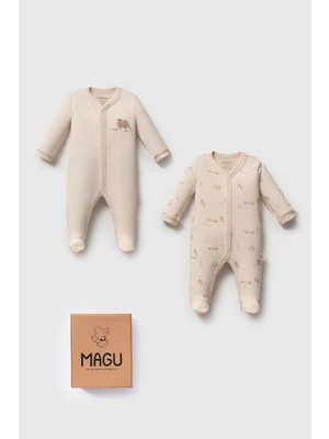 Unisex Bebek Pamuklu Bej Koyun Desenli 2'li Tulum Seti - Magu Organik Koleksiyon