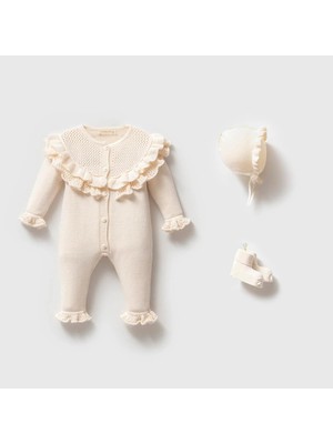 Magu Kız Bebek Pamuklu Ekru Dantel Fırfırlı 3'lü Luxury Tulum Seti