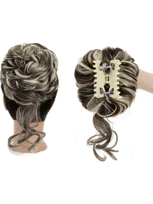 Özbience Koyu Kahve Platin Röfleli Tokalı Dağınık Topuz Saç Aksesuarı