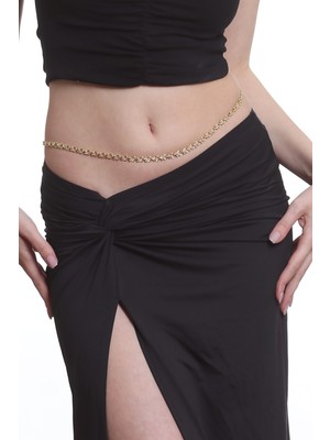 Özbience Kadın Geometrik Formlu Altın Renk Çelik Zincir Bel ve Bel Kolyesi