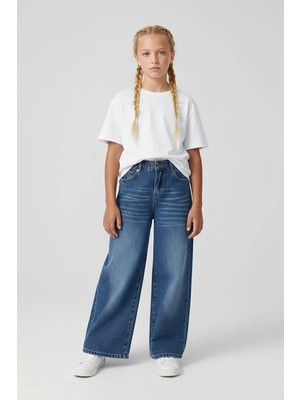 Dmb Boys & Girls Kız Çocuk Pamuklu Rahat Kesim Geniş Paça Kot Pantolon Lacivert