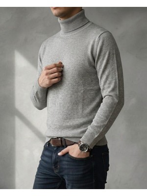 Sdnyazo Premium Erkek Açık Gri Melanj Pamuklu Tam Balıkçı Yaka Slim Fit Triko Kazak