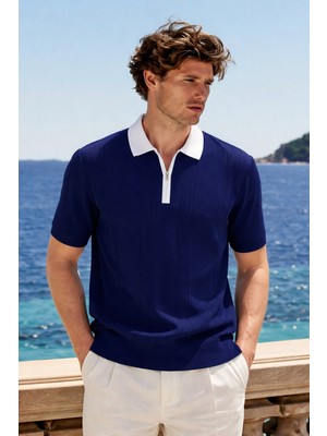 Damga Erkek Trend Fermuarlı Lacivert Triko Polo Yaka T Shirt