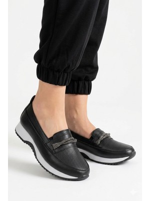 Kaof Shoes Kadın Siyah Ortopedik Babet Ayakkabı Suni Deri Düz Tabanlı Günlük Ayakkabı