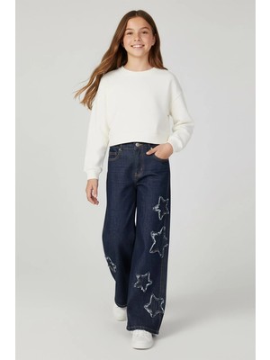 Dmb Boys & Girls Kız Çocuk Pamuklu Yıldız Işlemeli Geniş Paça Kot Pantolon Lacivert