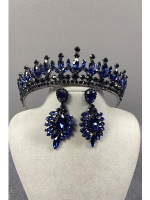 Özbience Lacivert Taşlı Gelin Kına Tacı ve Abiye Küpe Takımı