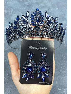 Özbience Lacivert Danver Taşlı Gelin Kına Tacı ve Abiye Küpe Seti