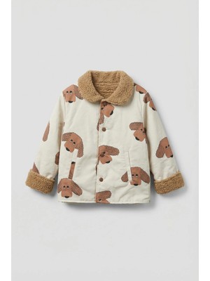 Magu Unisex Çocuk Pamuklu Krem Köpek Desenli Peluş Yaka Detaylı Ceket