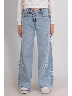Dmb Boys & Girls Kız Çocuk Pamuklu Yıldız Işlemeli Geniş Paça Kot Pantolon Mavi