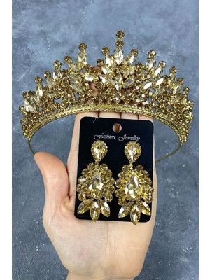 Özbience Bal Rengi Rio Taşlı Gelin Kına Tacı ve Mekik Desenli Küpe Seti