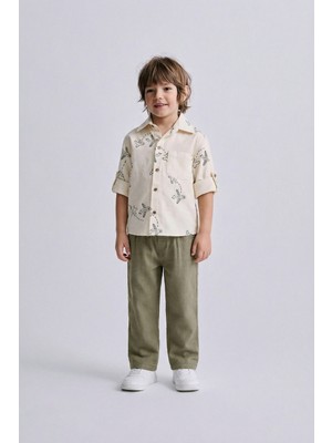 Magu Erkek Çocuk Pamuklu Krem Uçak Desenli Gömlek ve Haki Pantolon Takım