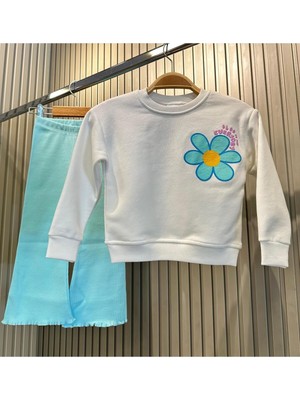 Magu Kız Çocuk Mavi Çiçek Desenli Pamuklu Sweatshirt Fitilli Tayt Alt-Üst Takım
