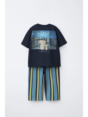  Çocuk Pamuklu Lacivert Sevimli Magu And Milo Baskılı Takım - Cepli T-Shirt & Çizgili Pantolon