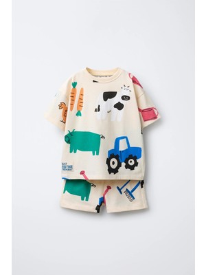 Magu Unisex Çocuk Pamuklu Krem Çiftlik Desenli T-Shirt Şort Takım - Eğlenceli Yazlık Set