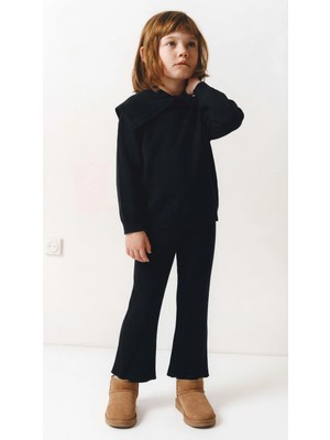 Magu Kız Çocuk Pamuklu Siyah Triko Takım – Yakalı Kazak ve Ribana Pantolon