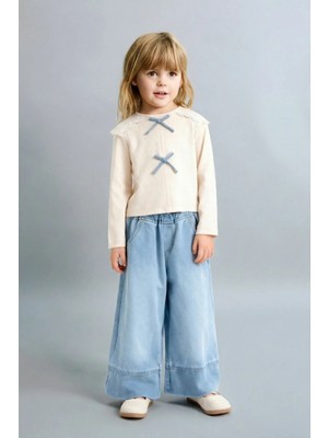 Magu Kız Çocuk Pamuklu Krem Fiyonk Detaylı Bluz ve Kot Pantolon Takım