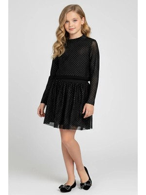 Magu Kız Çocuk Siyah Puantiyeli Uzun Kollu Üst ve Etek Takımı