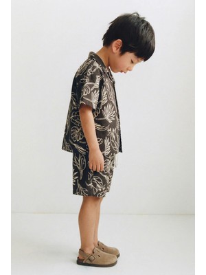 Magu Erkek Çocuk Pamuklu Siyah Tropikal Desenli Gömlek ve Şort Takım