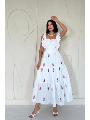 Hiccup Kadın Janes Çiçekli Fırfırlı Kare Yakalı Midi Elbise Kırmızı