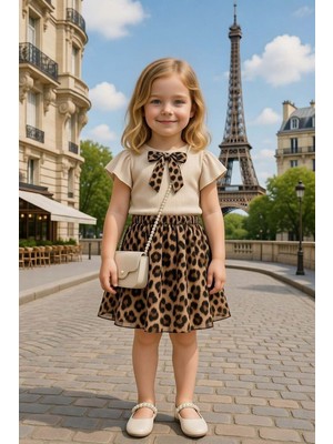 Riccotarz Kız Çocuk Göğsünde Kurdele Detaylı Kısa Kollu Bluz Üzeri Leopar Detaylı Kehribar Etekli Takım
