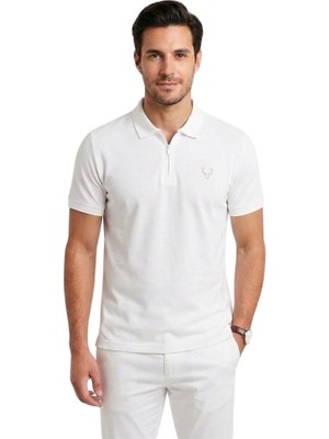 Yarım Fermuarlı Polo Yaka Trender Erkek T-Shirt Modal Beyaz