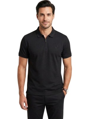 Yarım Fermuarlı Polo Yaka Trender Erkek T-Shirt Modal Siyah