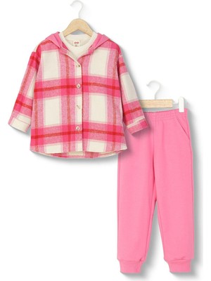 Magu Kız Çocuk Pamuklu Pembe Ekose Kapüşonlu Gömlek Eşofman Takım - Düğmeli Üst Lastik Paça Alt 3'li Set