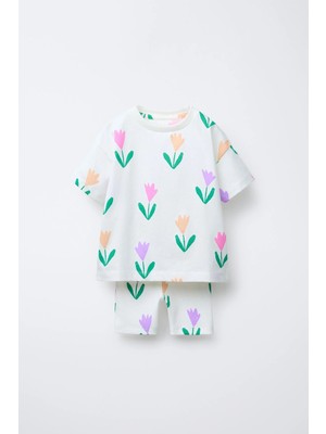 Magu Kız Çocuk Pamuklu Çiçek Desenli T-Shirt ve Biker Tayt Takım