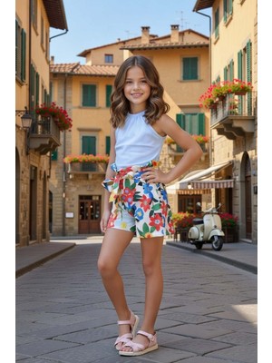 Riccotarz Kız Çocuk Halter Yaka Kolsuz Mavi Bluz Renkli Çiçekli Şortlu Takım