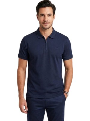 Yarım Fermuarlı Polo Yaka Trender Erkek T-Shirt Modal Lacivert