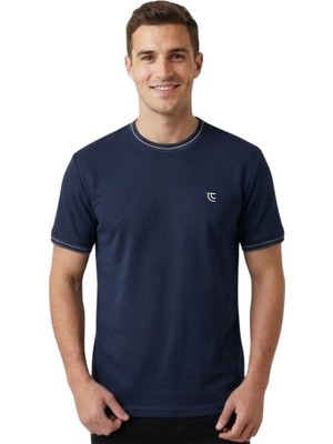 O Yaka Yaka ve Kol Garnili Trender Erkek T-Shirt Modal Lacivert