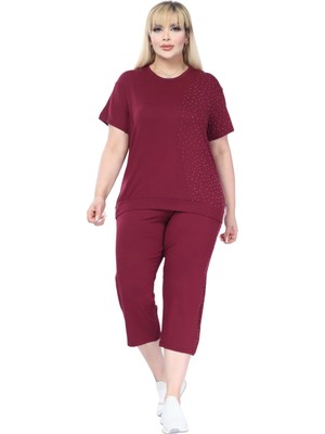 Melsay Butik Bordo Kısa Kollu Yarım Taş Baskılı Viskon Kapri Takım