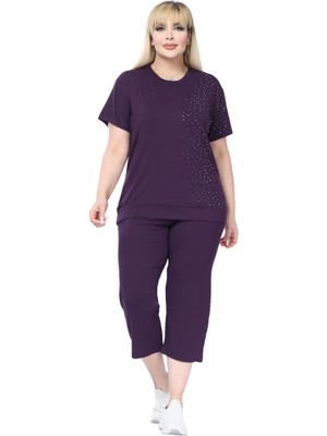 Melsay Butik Mor Kısa Kollu Yarım Taş Baskılı Viskon Kapri Takım
