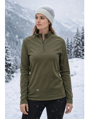 Tusebu Kadın Yarım Fermuarlı Polar Sweatshirt Haki Uzun Kollu Outdoor Spor Üst
