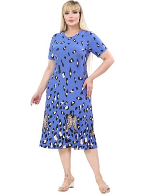 Melsay Butik Mavi Kısa Kollu A Kesim Eteği Sulu Leopar Desen Midi Elbise