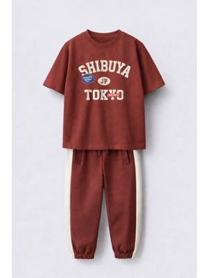 Magu Erkek Çocuk Pamuklu Kiremit Tokyo Baskılı T-Shirt ve Eşofman Takım