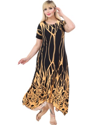 Melsay Butik Kısa Kollu Asimetrik Kesim Sarı Dalgalı Reflektör Desen Büyük Beden Elbise