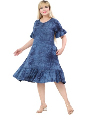 Melsay Butik Lacivert Batik Yıkamalı Cepli Fırfırlı Kısa Kollu Kadın Midi Elbise