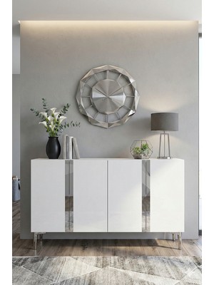Yumedi Design KA1298BS - Cherry Konsol, Tv Sehpası, Çok Amaçlı Dolap ve Kahve Köşesi 120CM Beyaz-Silver