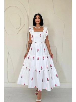 Hiccup Kadın Janes Çiçekli Fırfırlı Kare Yakalı Midi Elbise Macenta Pembesi