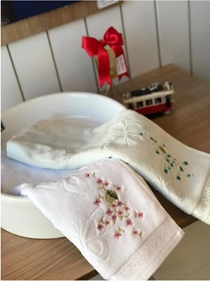 Tusebu 2’li Işlemeli Misafir Havlusu Seti – Beyaz & Krem, Yumuşak Pamuk