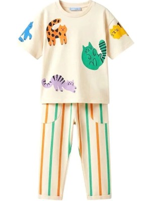 Magu Unisex Çocuk Pamuklu Ekru Hayvan Figürlü Takım - Kısa Kollu T-Shirt ve Çizgili Eşofmanlı Set