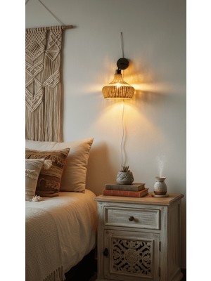 Rattam Cloud Rattan Aplik - Doğal Çam Kabuğu Boyalı El Yapımı Duvar Lambası