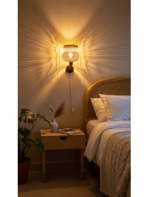 Rattam Botanica Rattan Aplik - Doğal Çam Kabuğu Boyalı El Yapımı Duvar Lambası