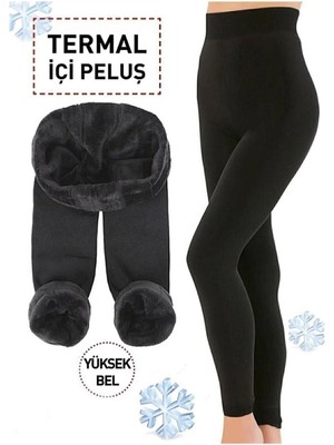 Vakkario Kadın Kalın Kışlık Yüksel Bel Içi Polarlı Peluş Çift Dikişli Siyah Termal Tayt