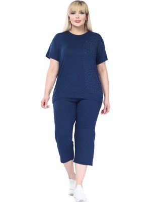 Melsay Butik Lacivert Kısa Kollu Yarım Taş Baskılı Viskon Kapri Takım